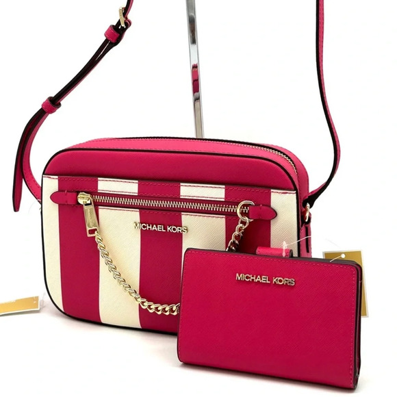 Michael Kors LG EW Crossbody Bag Cider & Bifold Zip Chain Wallet Electric Pink - Picture 1 of 13